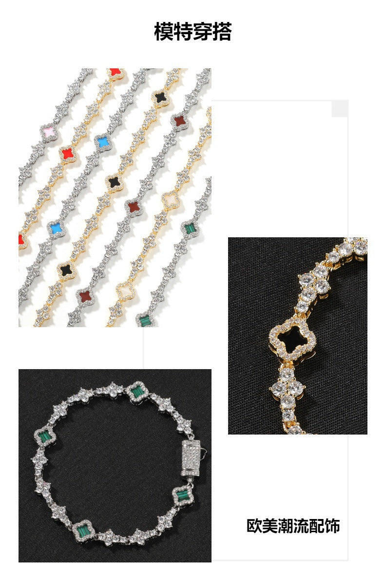 Four-Leaf Clover Airplane Charm Zirconia Tennis Chain Bracelet