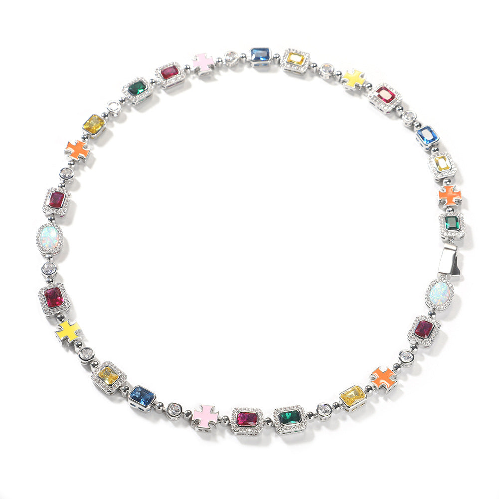 Hip-hop diamond-encrusted multicolored gemstone necklace