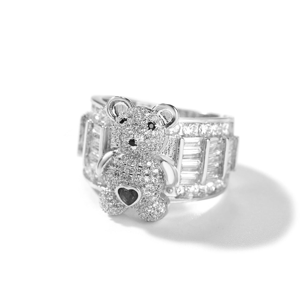 Hip-hop cute bear diamond-encrusted adjustable ring