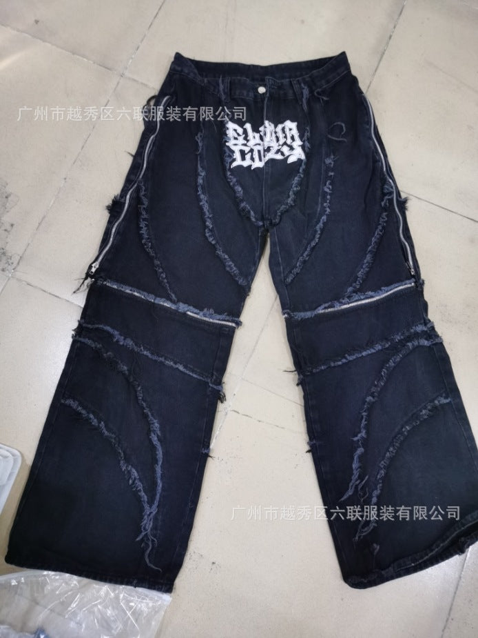 Paneled, Loose-Fit, Embroidered, and Fur-Trimmed Denim Jeans
