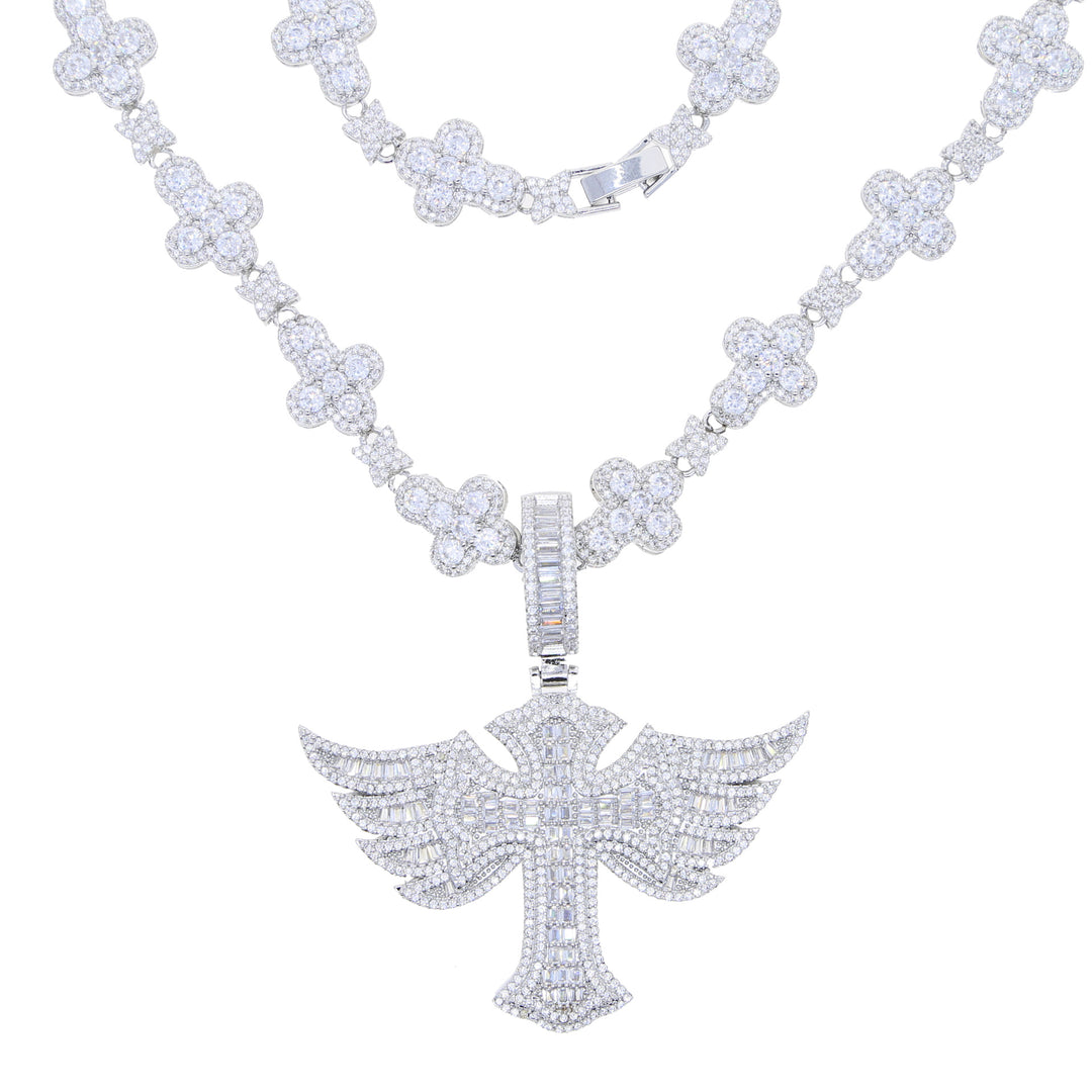 Hip Hop Winged Cross Zirconia Pendant Necklace