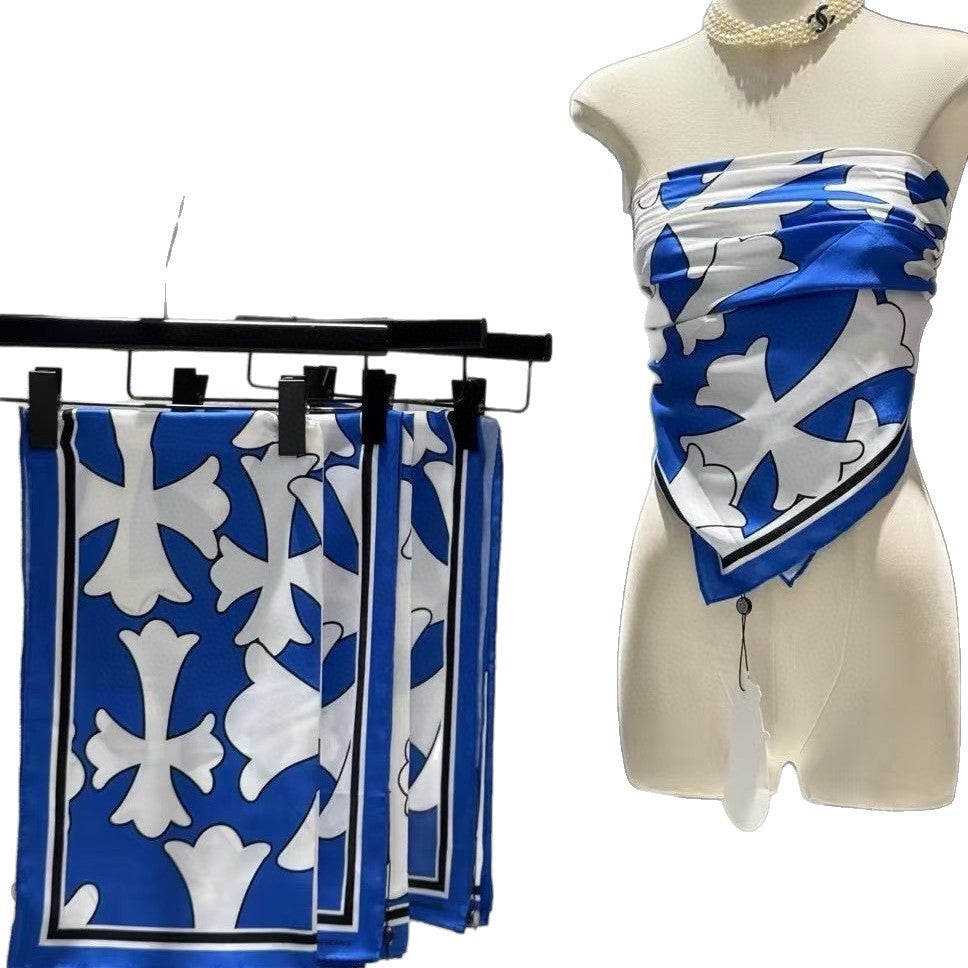 Chrome Hearts-Style All-Over Print Silk Bandeau Top