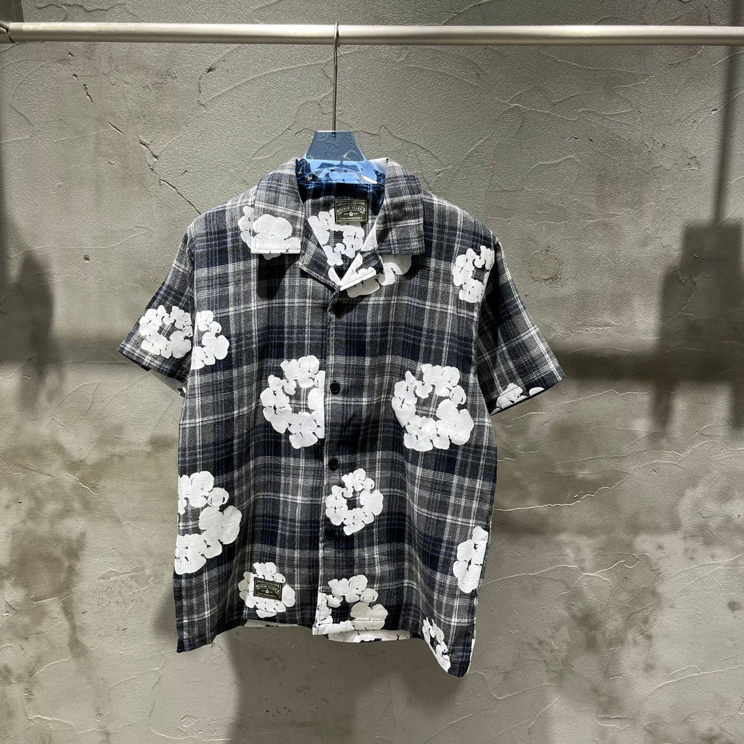 All-over print plaid short-sleeved shirt and shorts set