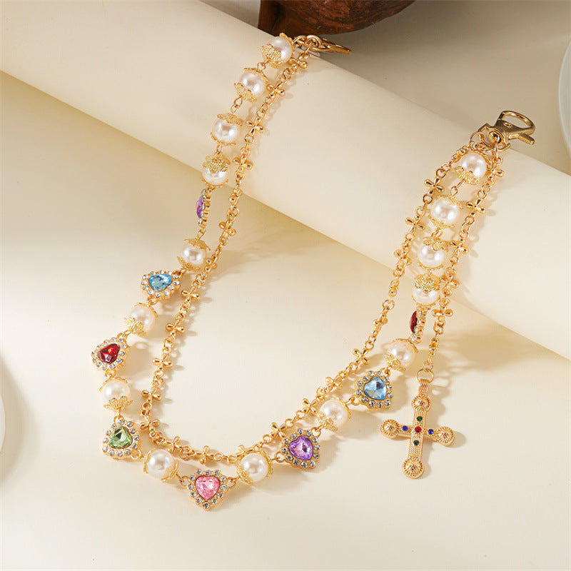 Multi-Color Gemstone, Pearl, and Cross Punk Waist Chain