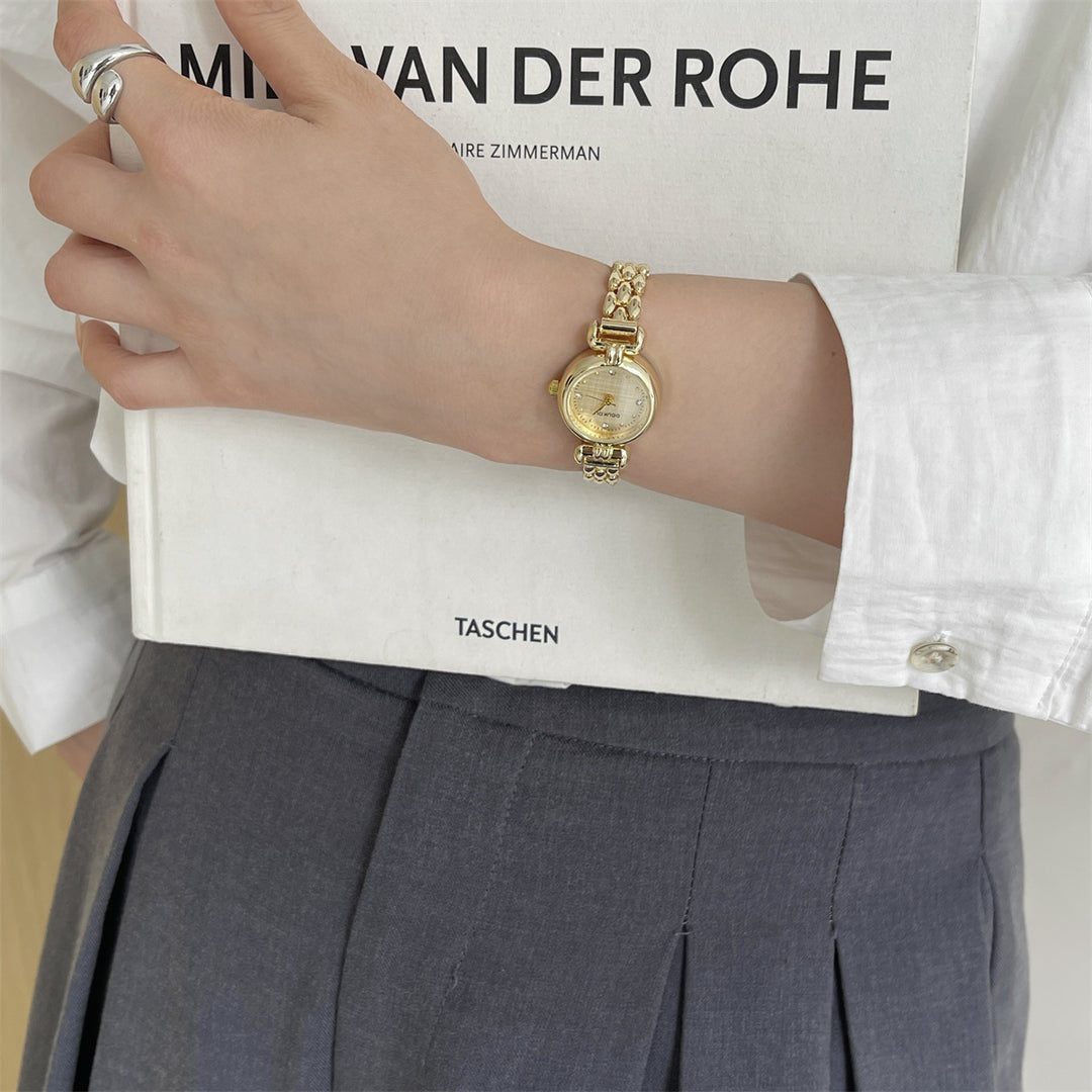 Round Dial Watch with Crystal Accents and Narrow Band