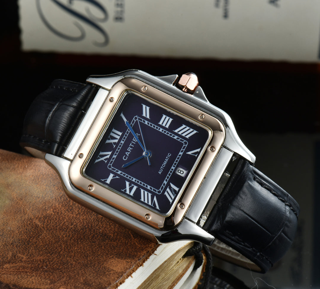 Leather Strap, Three-Hand Quartz Watch with Square Case