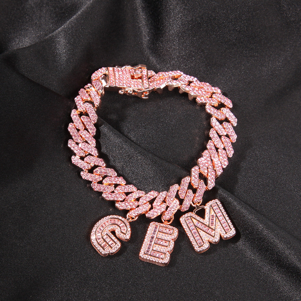 Pink diamond-set custom letter Cuban chain bracelet and necklace