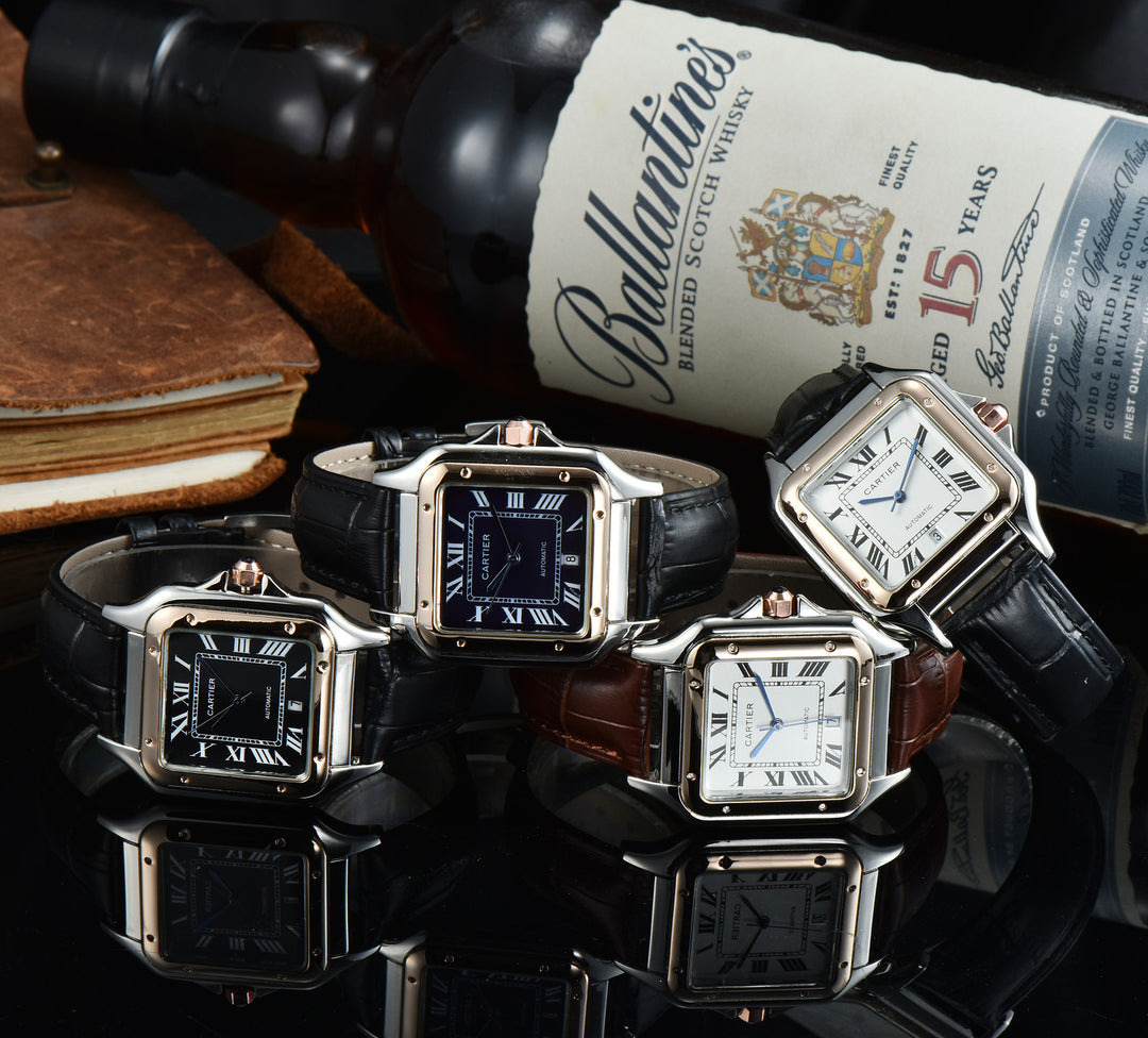 Leather Strap, Three-Hand Quartz Watch with Square Case