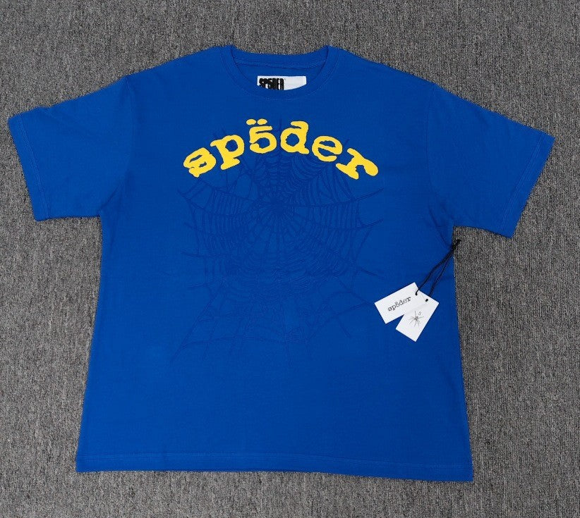 Hip-hop SP5der loose-fitting spider web T-shirt with lettering