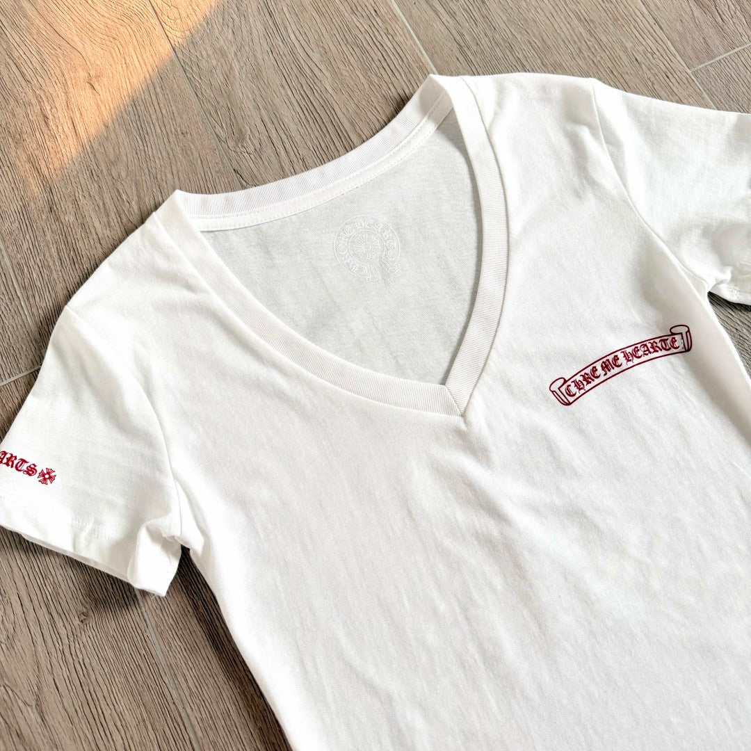 Chrome Hearts V-Neck Scroll Print Short-Sleeve T-Shirt