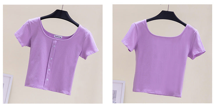 Collarbone Square Neck High Waist Navel T-Shirt Top