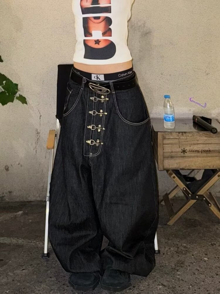 "Aircraft Buckle" Raw-Hem Curved-Leg Jeans