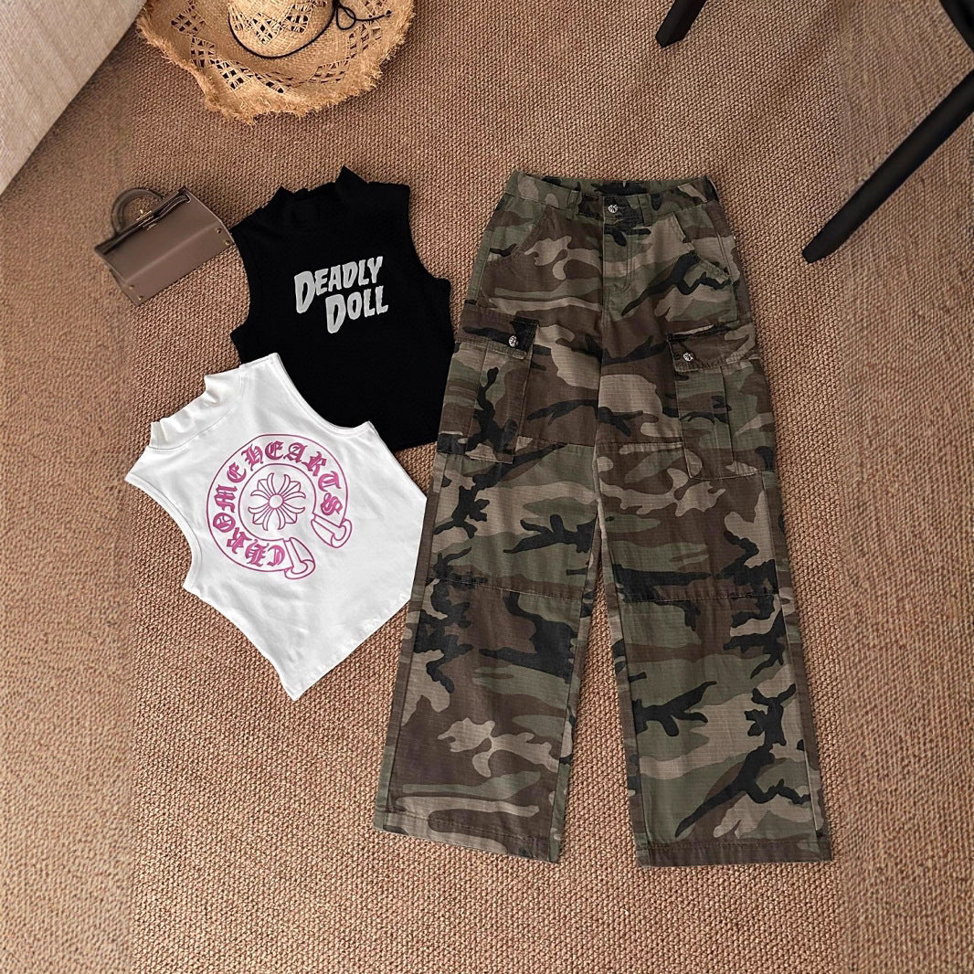 Chrome Hearts sexy tank top, retro cargo camouflage pants