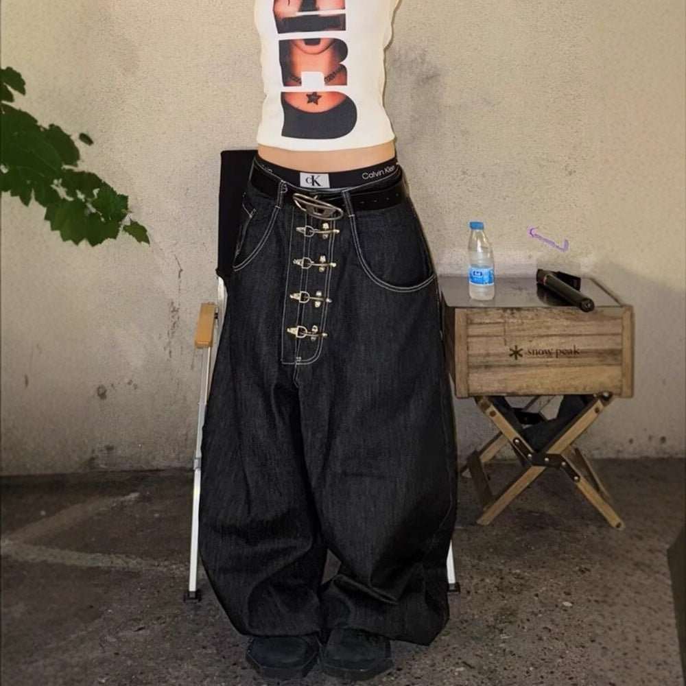 "Aircraft Buckle" Raw-Hem Curved-Leg Jeans