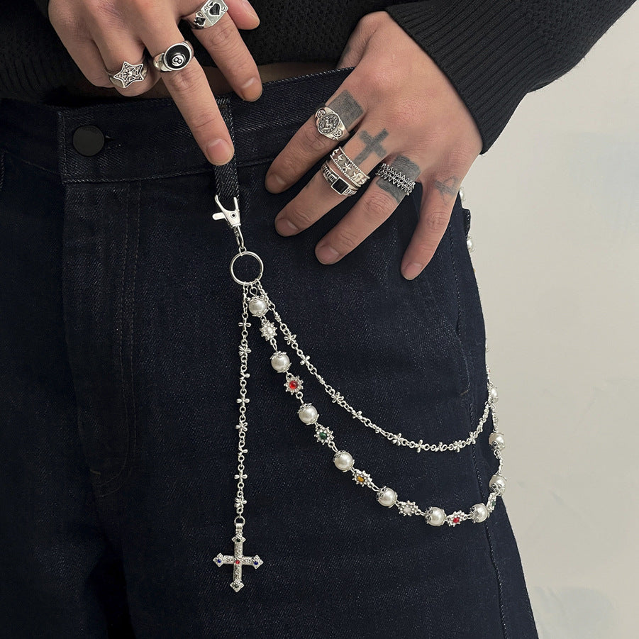 Pearl, Multi-Gemstone, Cross & Floral Pant Chain