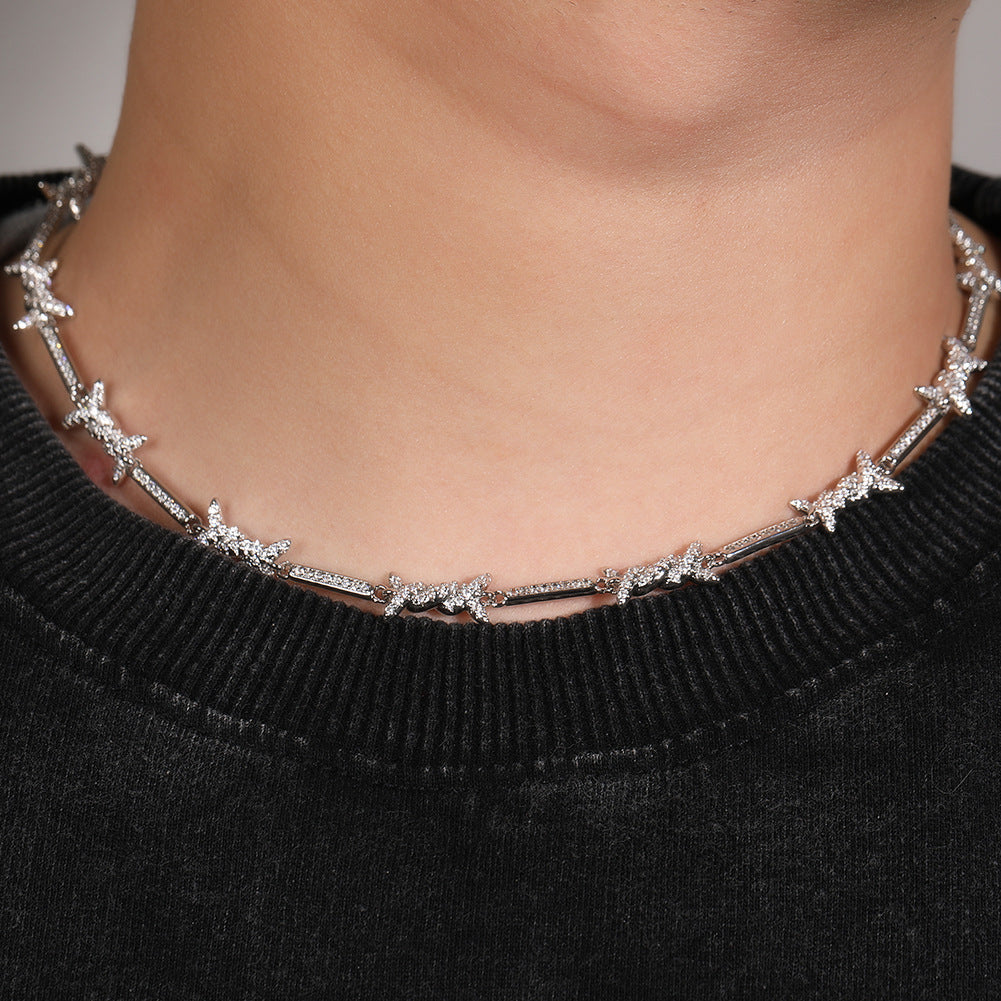 Hiphop zircon-encrusted barbed wire necklace