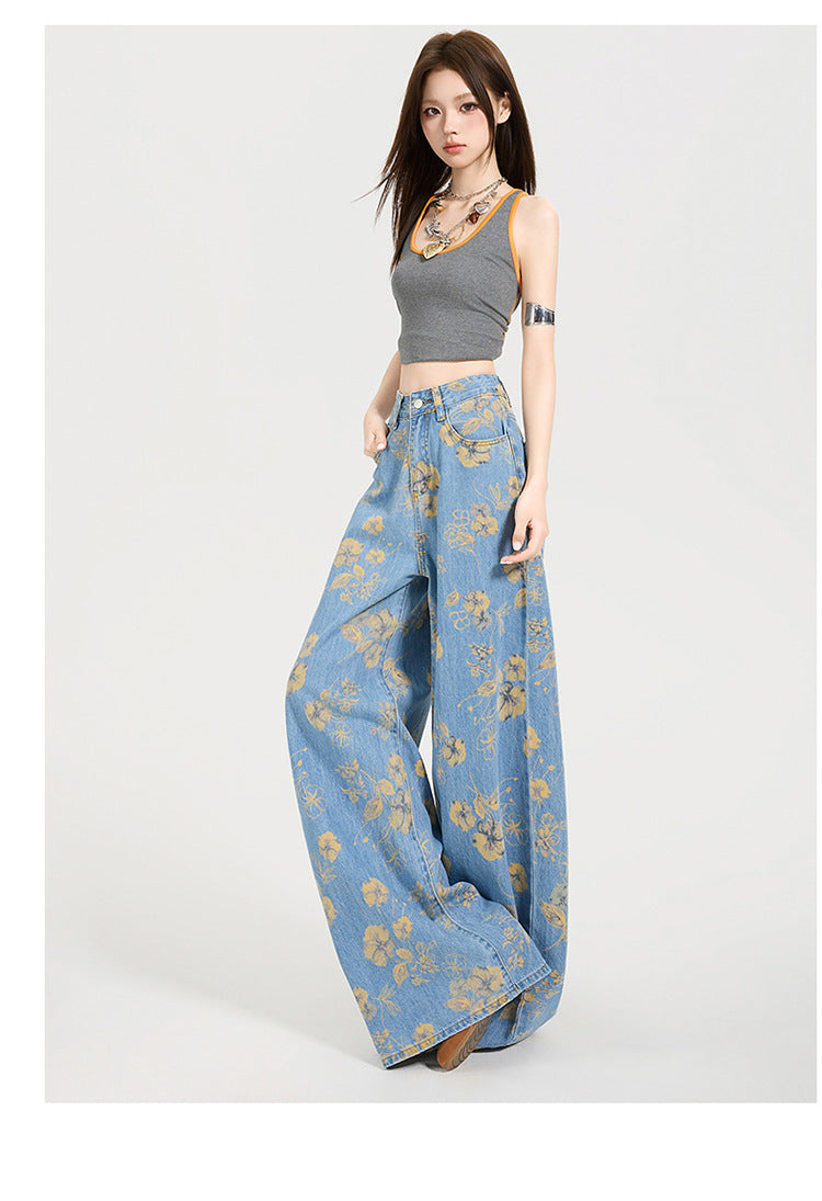Y2K Floral Print Loose-Fit Flared Denim Trousers