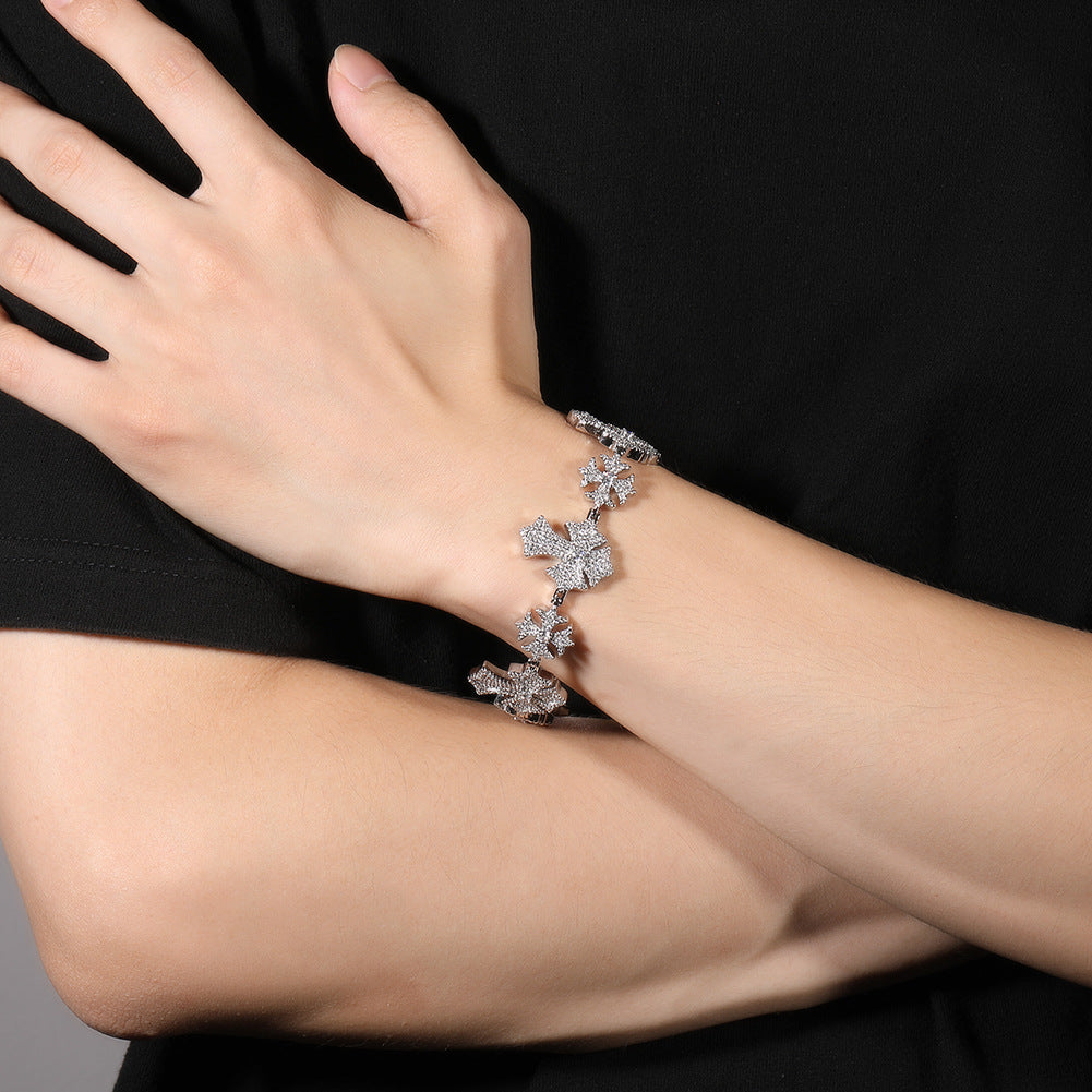 Hip-Hop Snowflake & Cross Bracelet with Rhinestone Accents