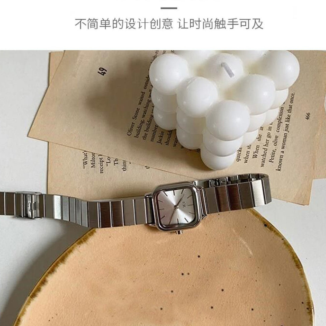 Square-Dial Student Watch with Bamboo-Link Steel Band