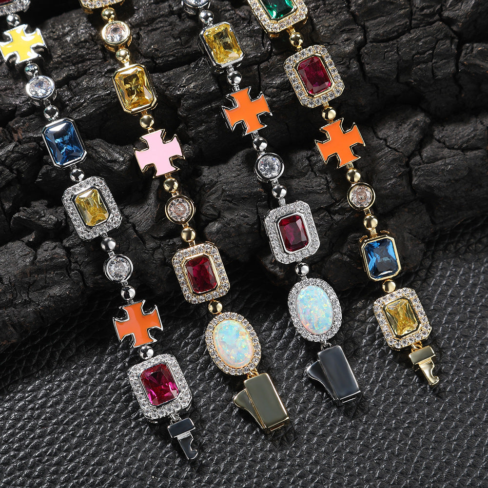 Hip-hop diamond-encrusted multicolored gemstone necklace