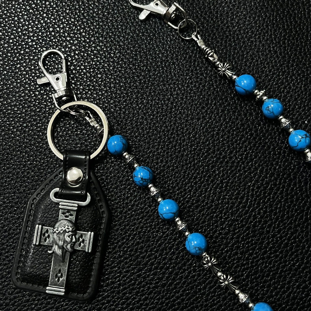 Handcrafted Vintage Blue Cracked Stone Cross Waist Chain