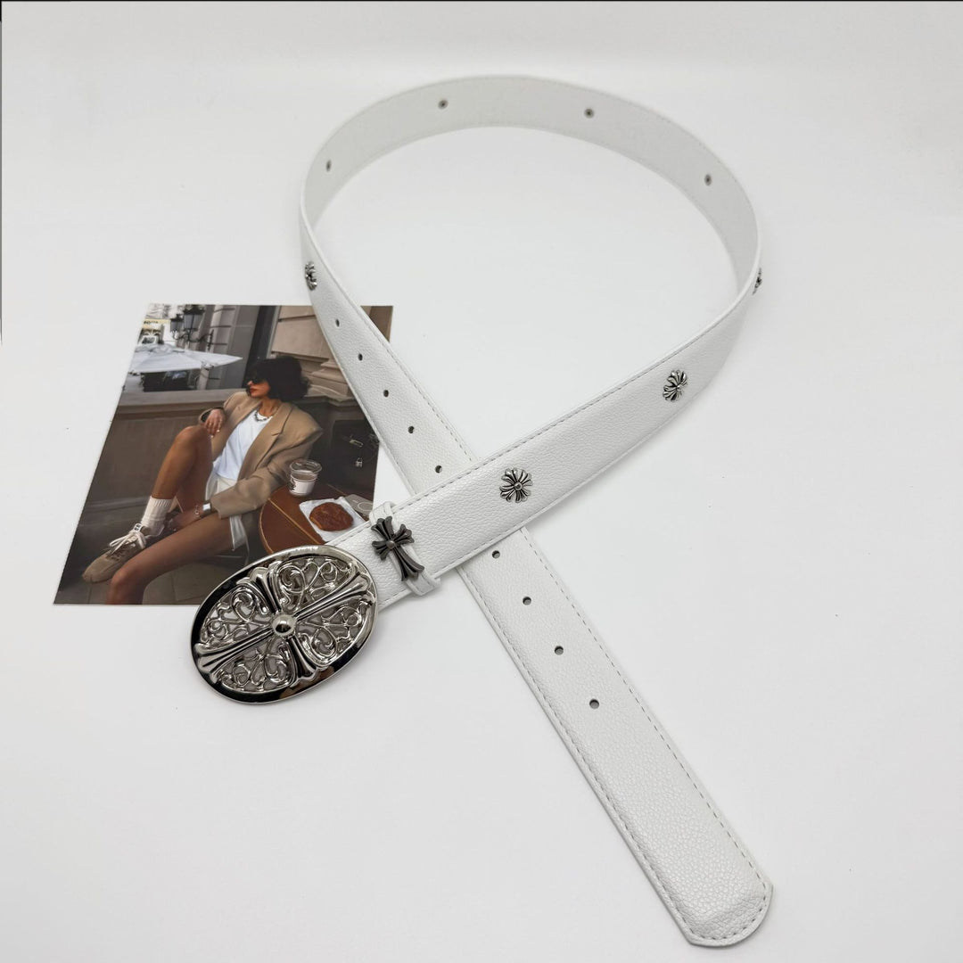 Chrome Hearts Cemetery Cross Classic PU Leather Belt with Rivets