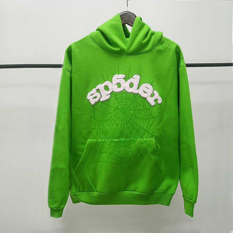 Sp5der fleece-lined hoodie with spiderweb print.