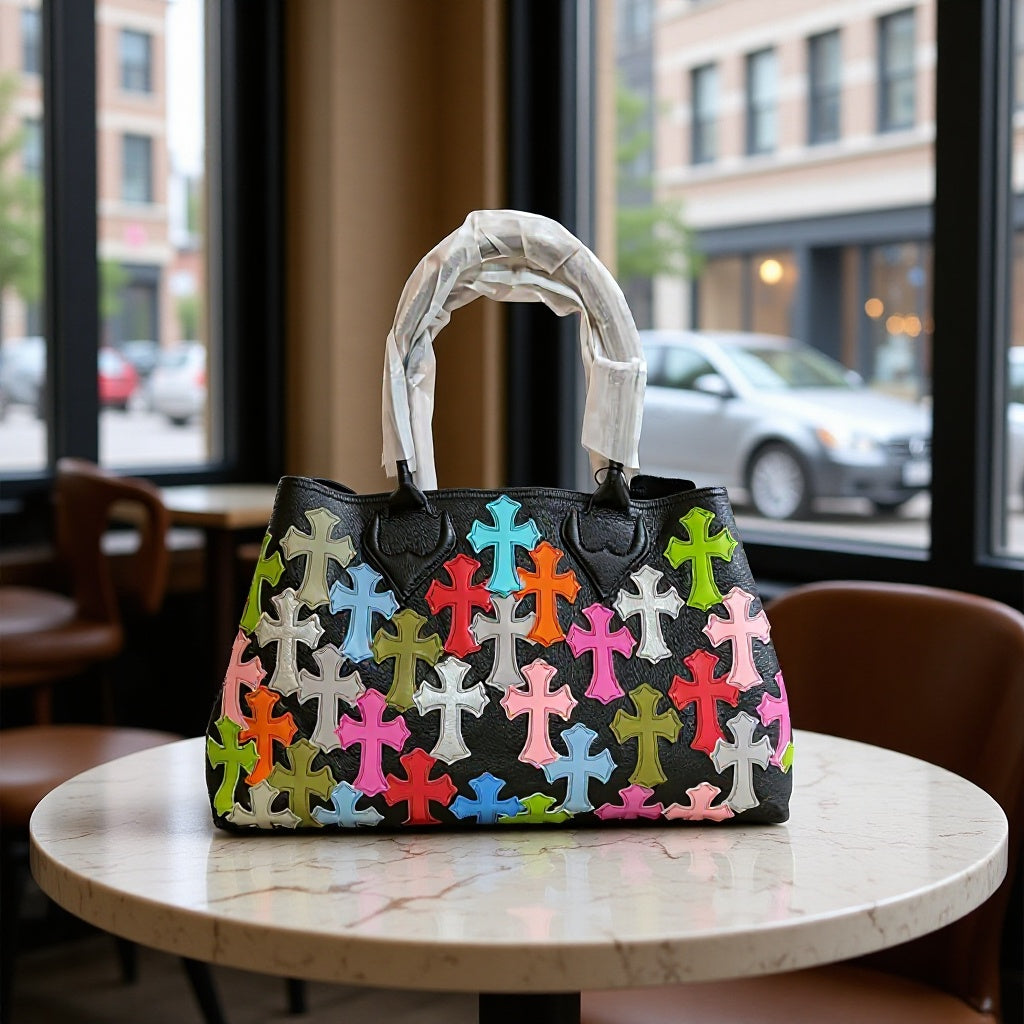 Chrome Hearts Genuine Leather Handbag with Floral Pattern