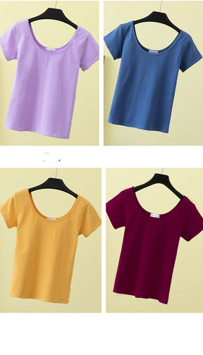 Summer slim fit large U-neck short-sleeved T-shirt