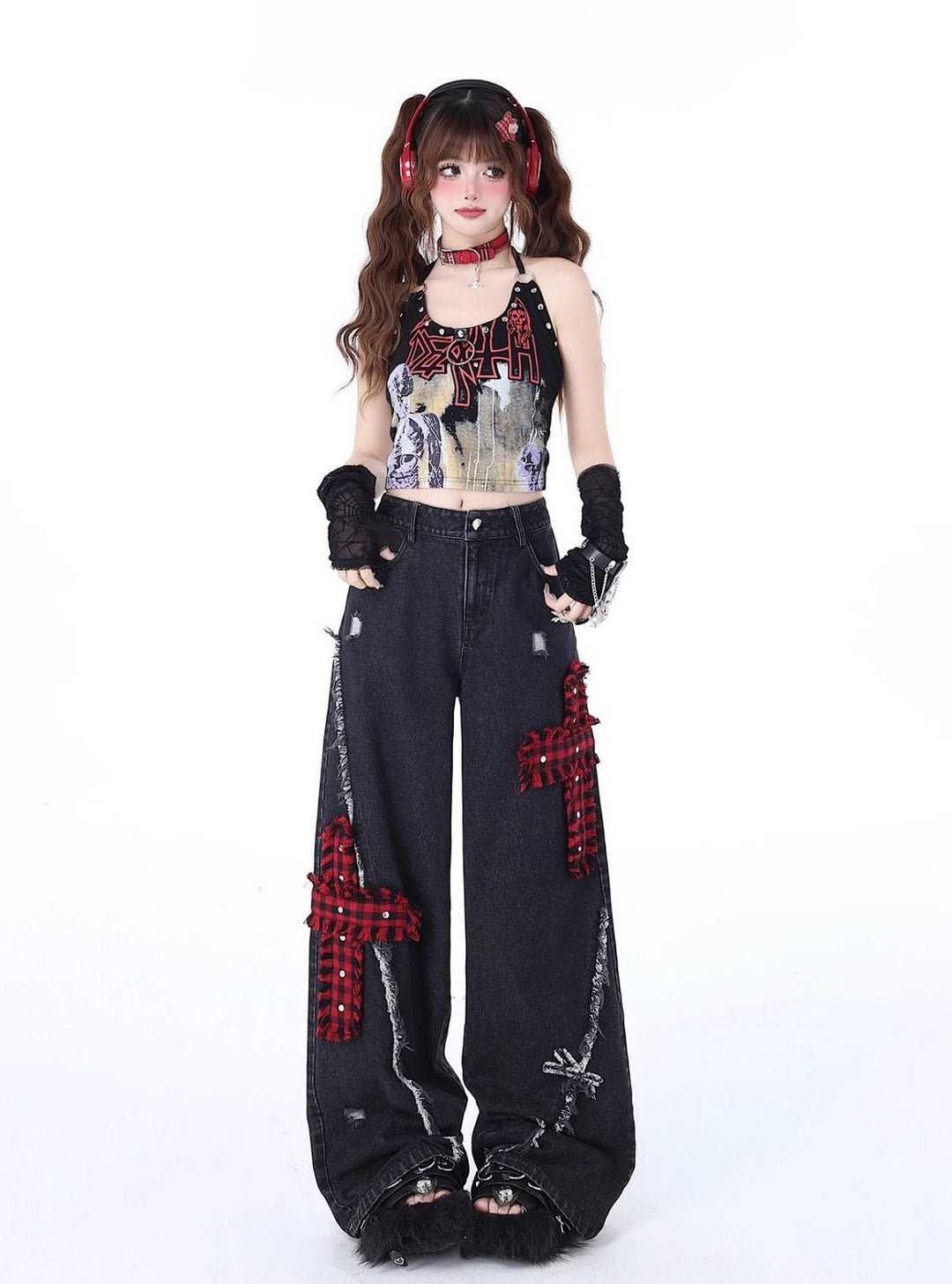 Rock-Punk Distressed Straight-Leg Wide-Leg Jeans