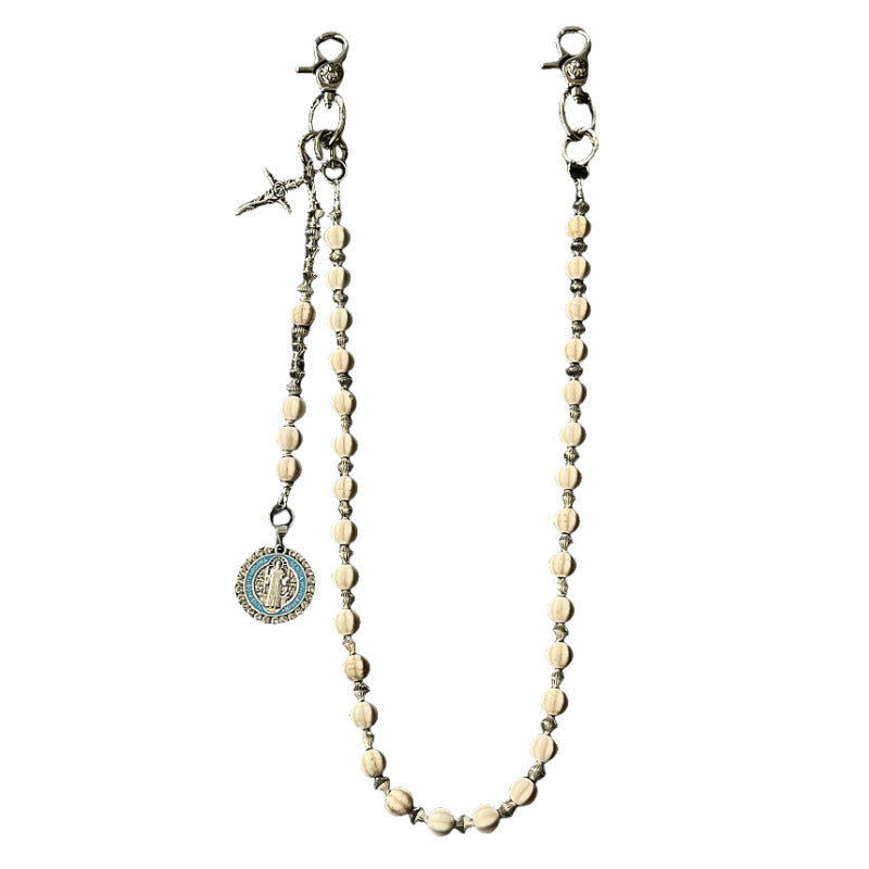 Round White Turquoise Beads with Cross Jesus Design waist chain