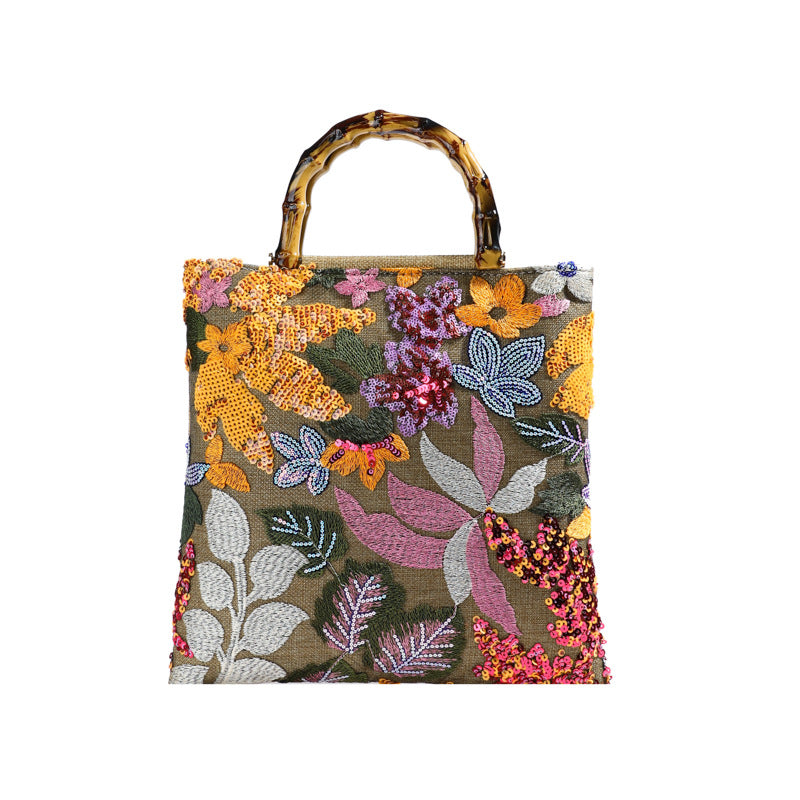 Embroidered sequins linen bamboo handle tote bag
