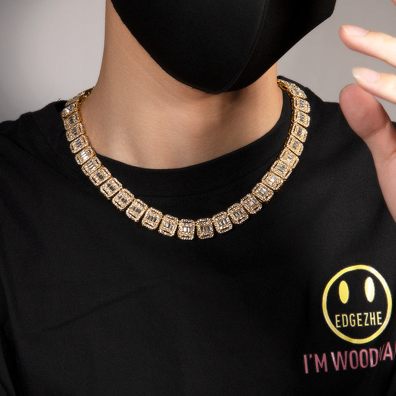 Alloy Necklace, 13mm, Diamond-Studded Nine-Panel Chain