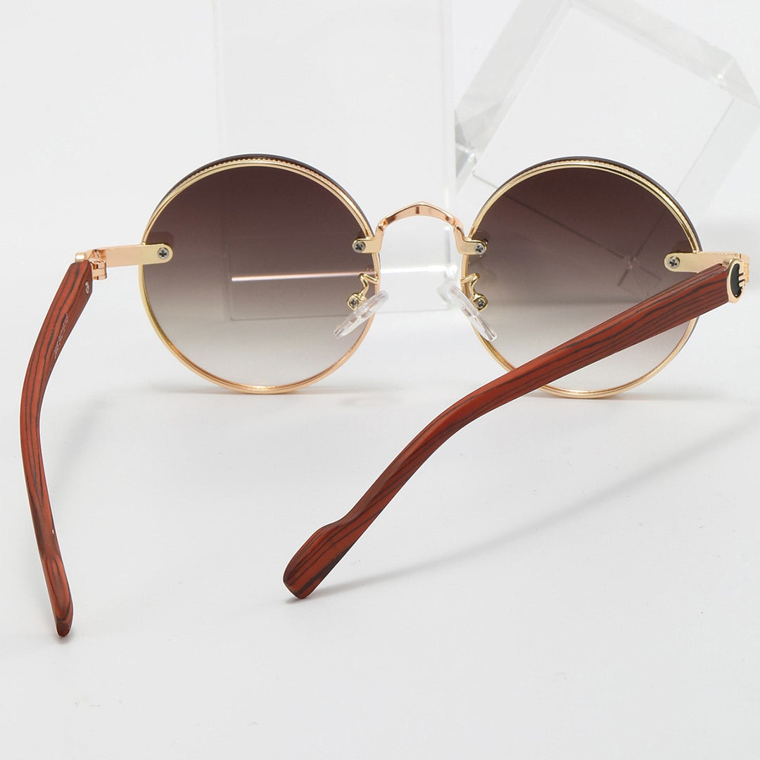 Retro round punk metal sunglasses with wood grain temples
