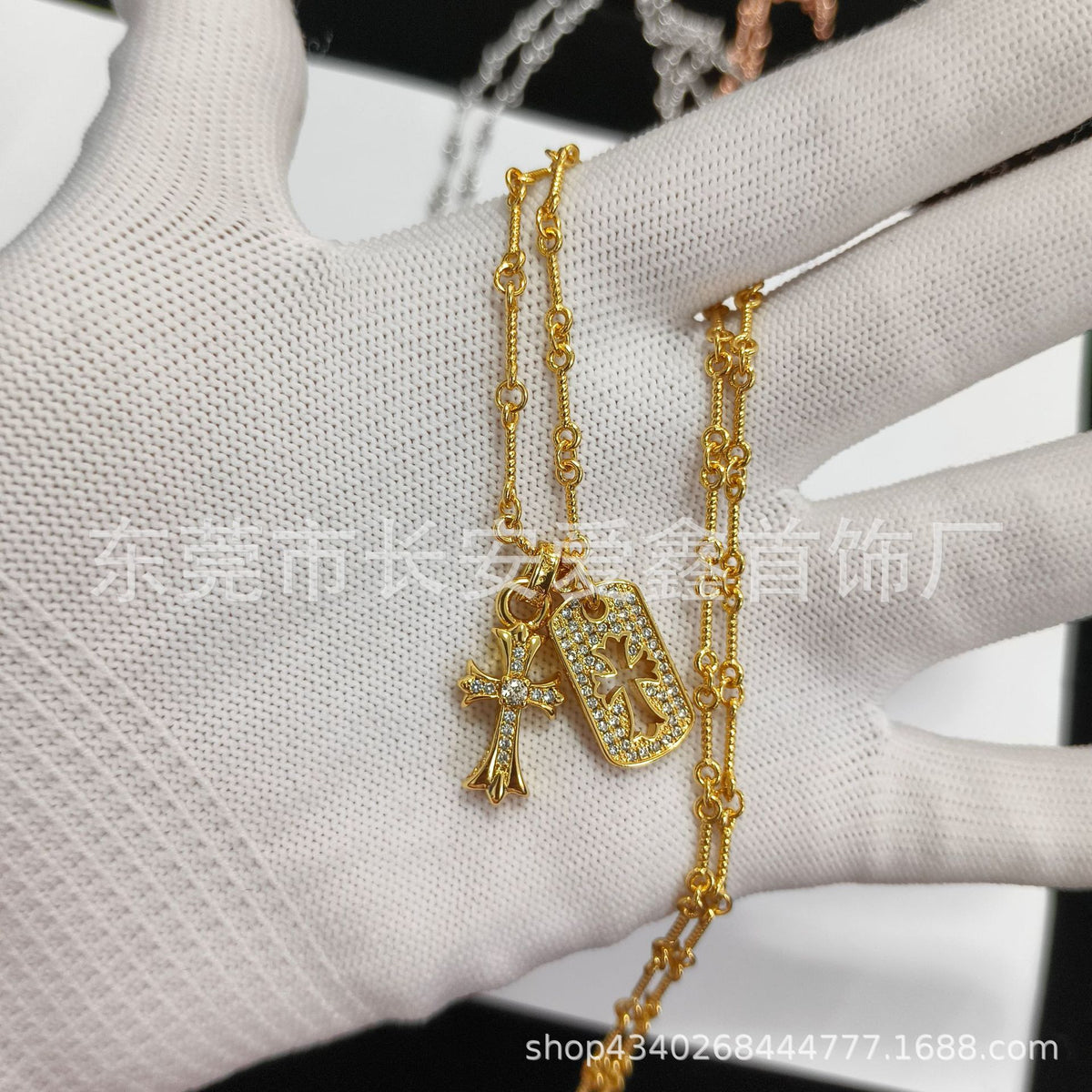 Chrome Hearts Gold Hollow Square Diamond Cross Necklace