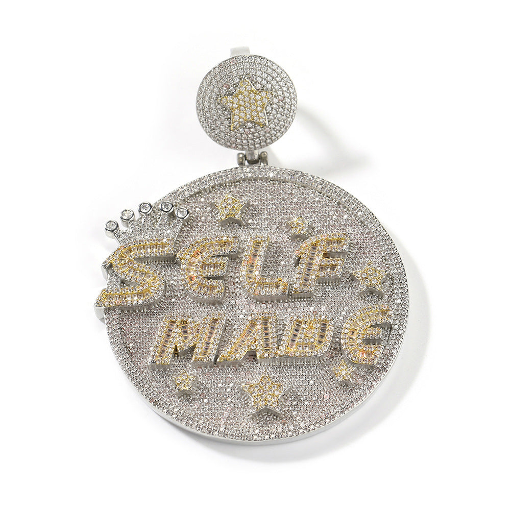 Self made hip-hop large diamond-encrusted disc necklace