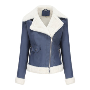 Autumn and winter fleece leather women's warm long-sleeved lapel coat jacket