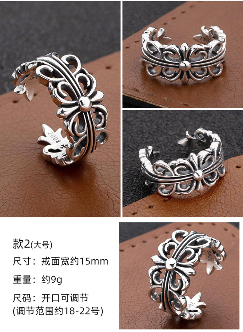 S925 sterling silver chrome hearts cross flower retro open ring