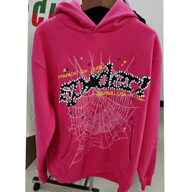 Sp5der fleece-lined hoodie with spiderweb print.