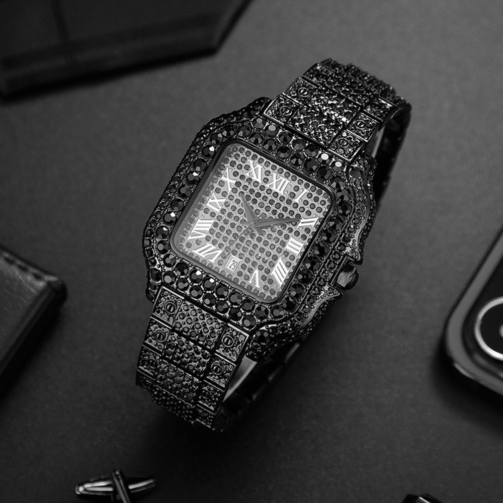 Hip-Hop Square Quartz Watch with Full Diamonds and Roman Markers
