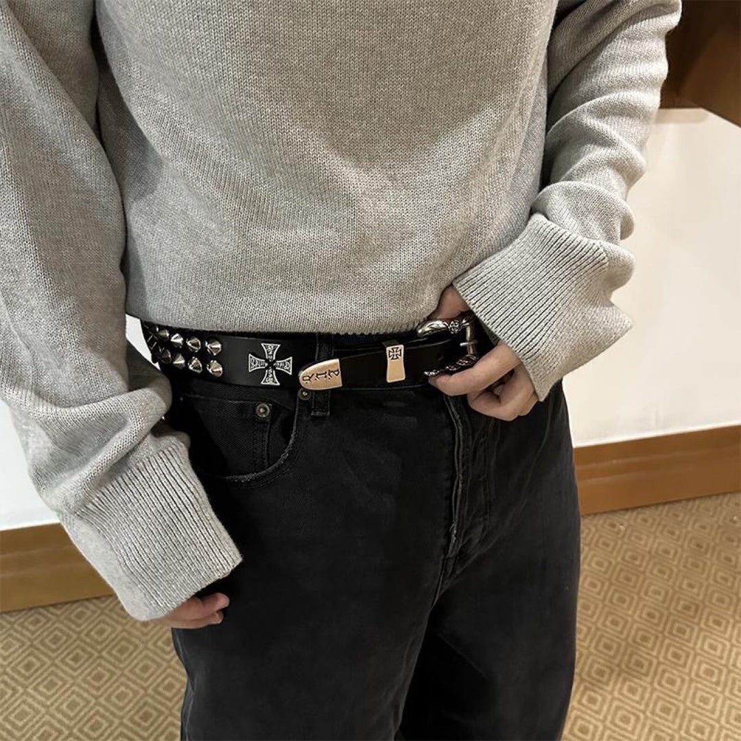 Double-Studded Cross Leather Belt