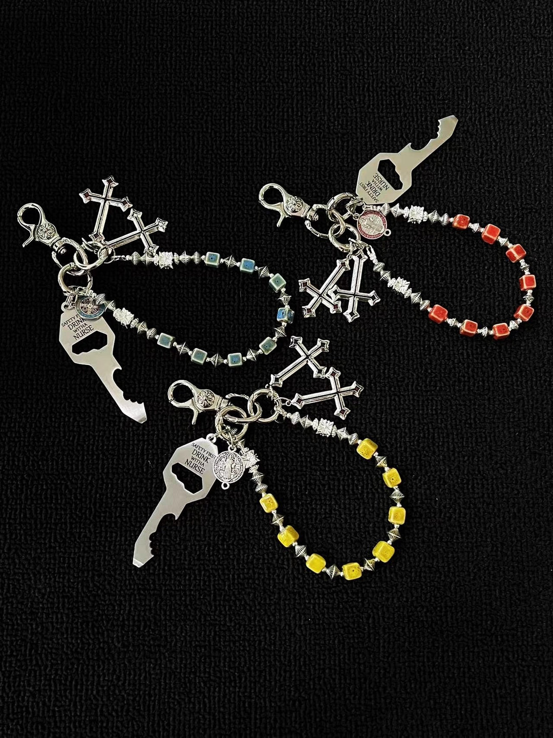 Vintage Blue Ceramic Bead Keychain with Cross Charms