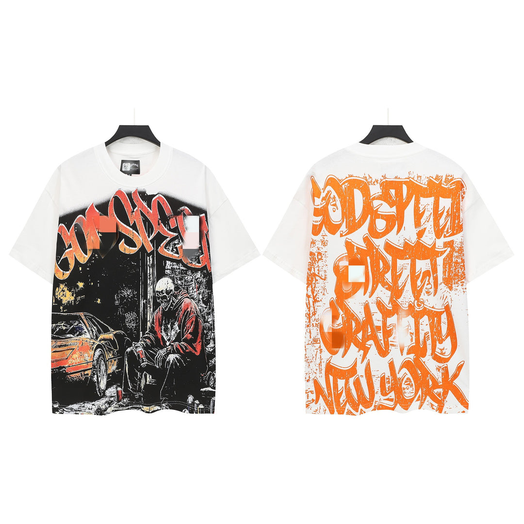 Skull Man rock band print hip-hop loose T-shirt