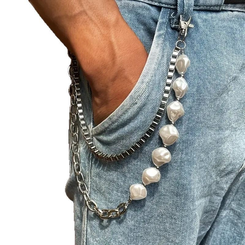 Irregular Pearl & Cuban Link Mixed-Material Punk Waist Chain