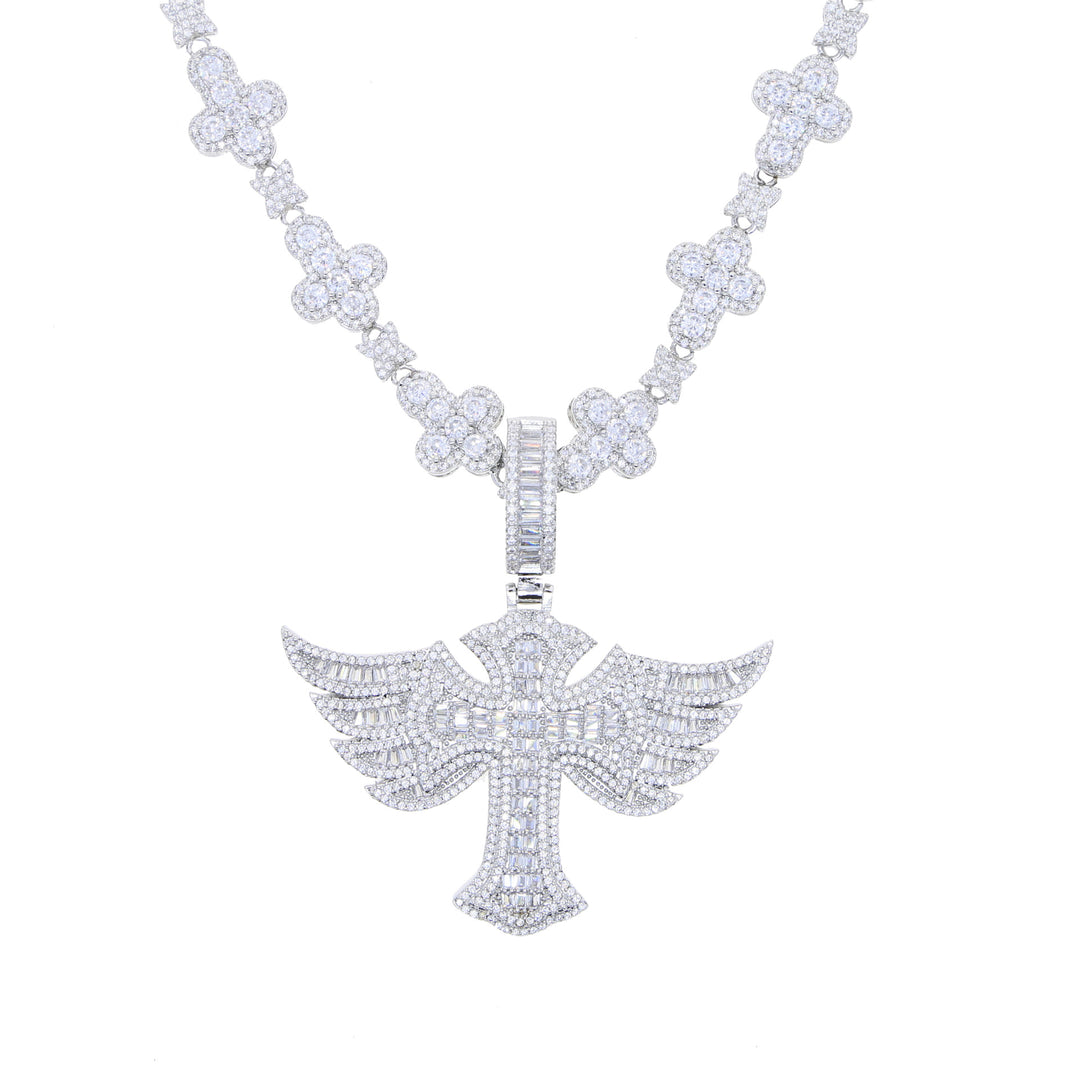 Hip Hop Winged Cross Zirconia Pendant Necklace
