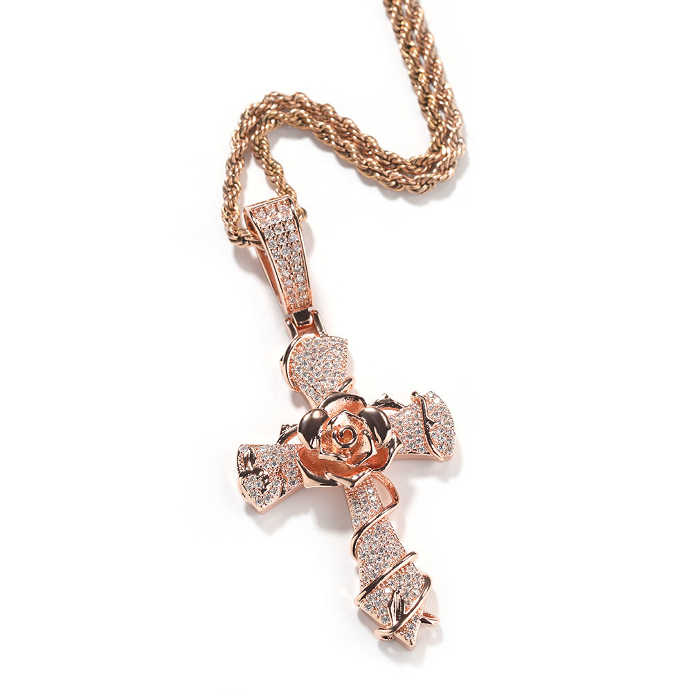 Hip-hop rose cross necklace with 5A zircon inlay