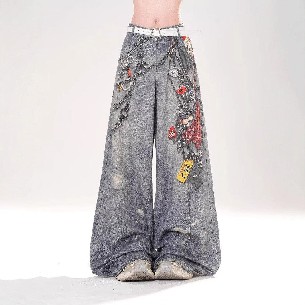3D Digital Print Straight-Leg Distressed Wide-Leg Jeans