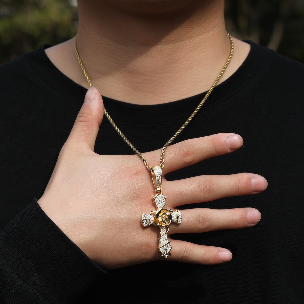 Hip-hop rose cross necklace with 5A zircon inlay