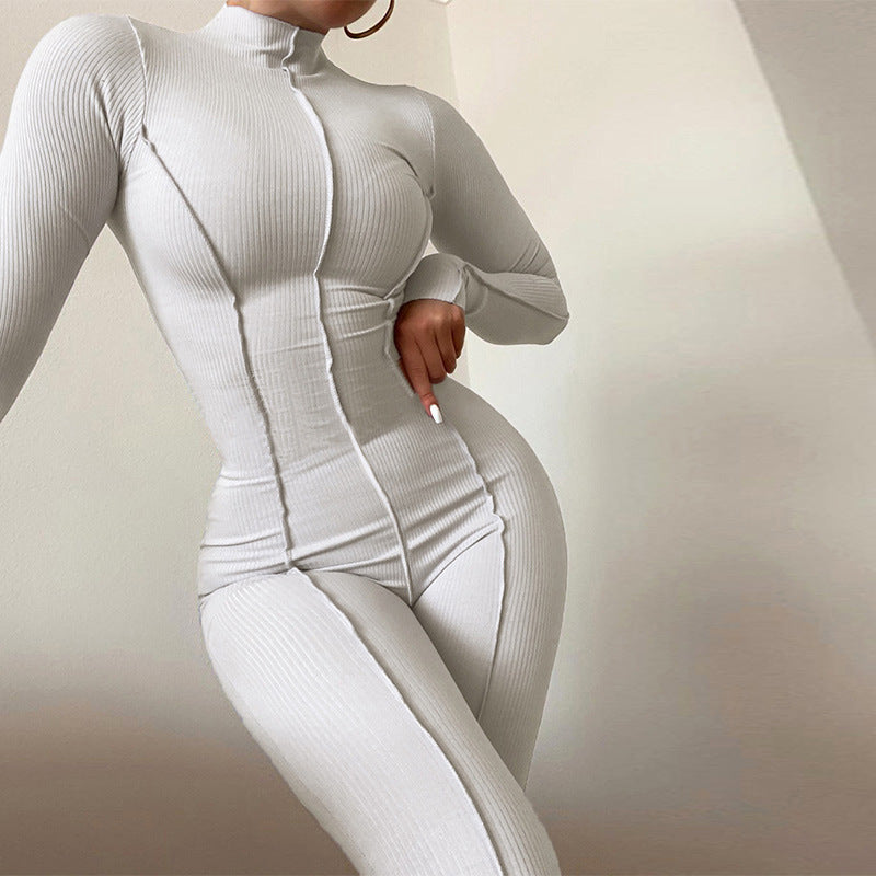 Women's high collar tight high waist casual solid color sports jumpsuit for women