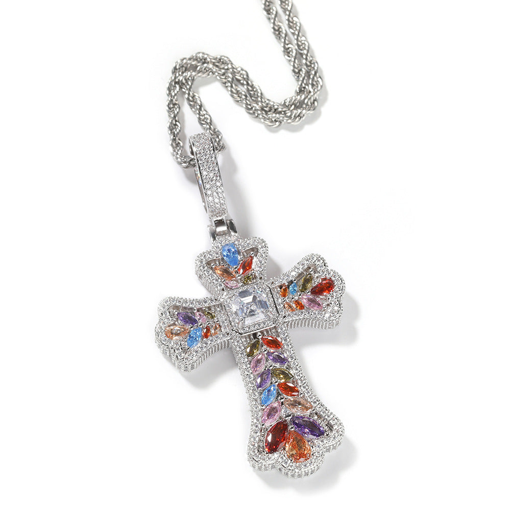 Hip-hop full diamond colorful wheat ear cross pendant